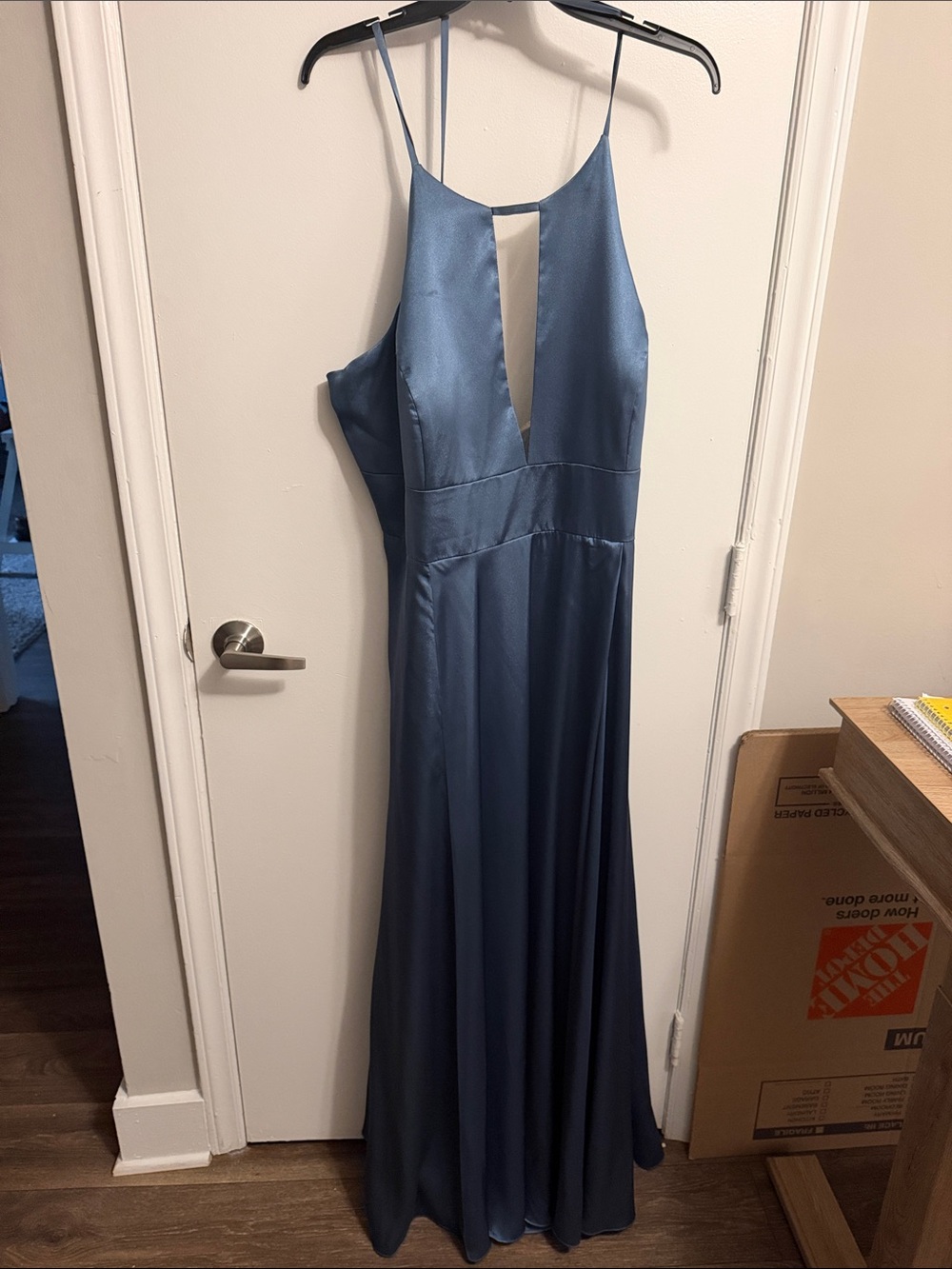Blue Satin Spaghetti-Strap Evening Dress